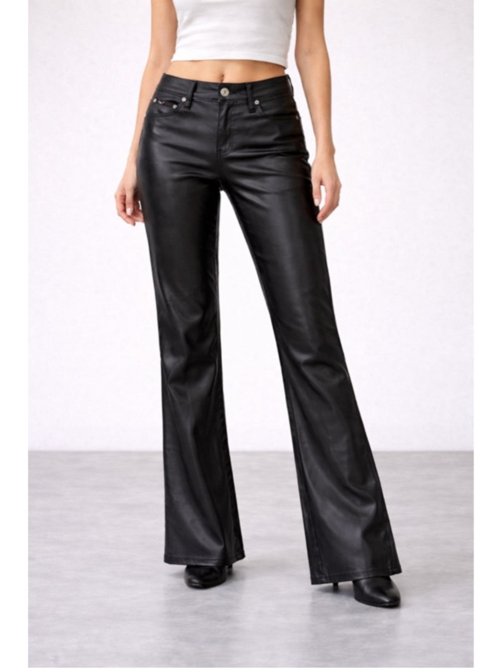 Vintage 90s Y2K LEI Faux‎ Leather Wet Look Black Flare Pants Size 7 Jr 27/28